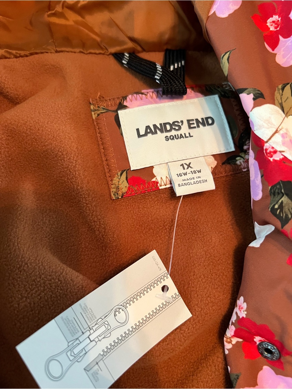 Lands' End Floral Hooded Trench Coat in Brown with Pink & Red Flowers - Picture 5 of 7